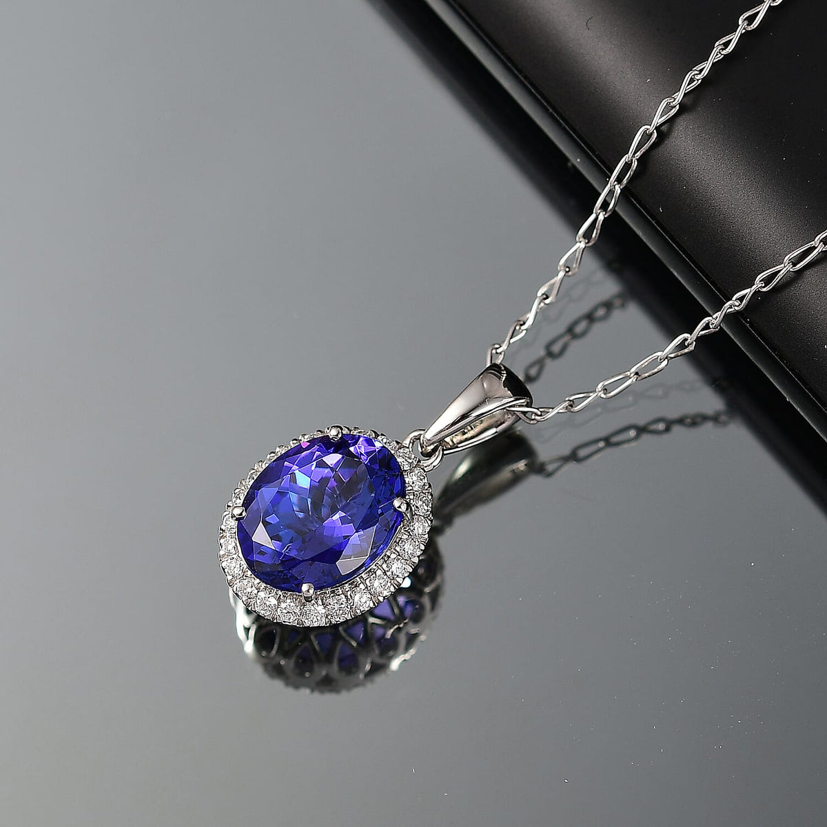 Certified &amp; Appraised RHAPSODY AAAA Tanzanite, White Diamond Halo Pendant in 950 Platinum, (EF, VS) 3.22 Ct. 8094970 2