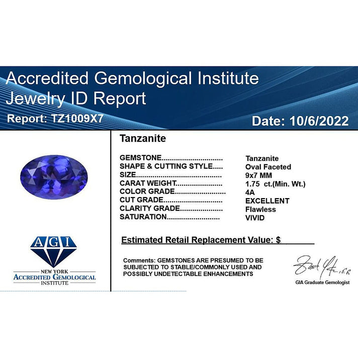 Certified &amp; Appraised 1.75 Ct. AAAA Tanzanite Loose Gemstone in Oval Shape (9 x 7 MM) 6303561 2