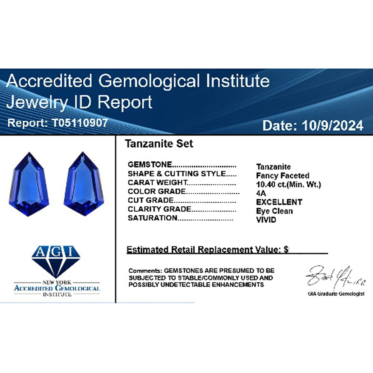 Certified &amp; Appraised 10.4 Ct. Set of 2 AAAA Tanzanite Loose Gemstones (17.6 X 10.1 MM) 7861942 6