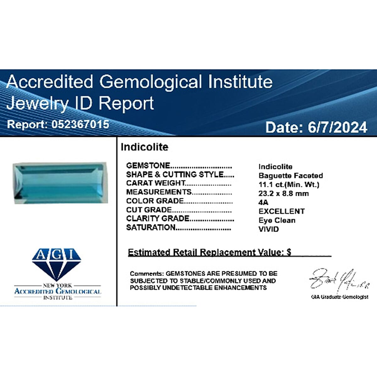 Certified &amp; Appraised 11.1 Ct. AAAA Indicolite in Baguette Shape (23.2MM x 8.8MM) 7810307 4