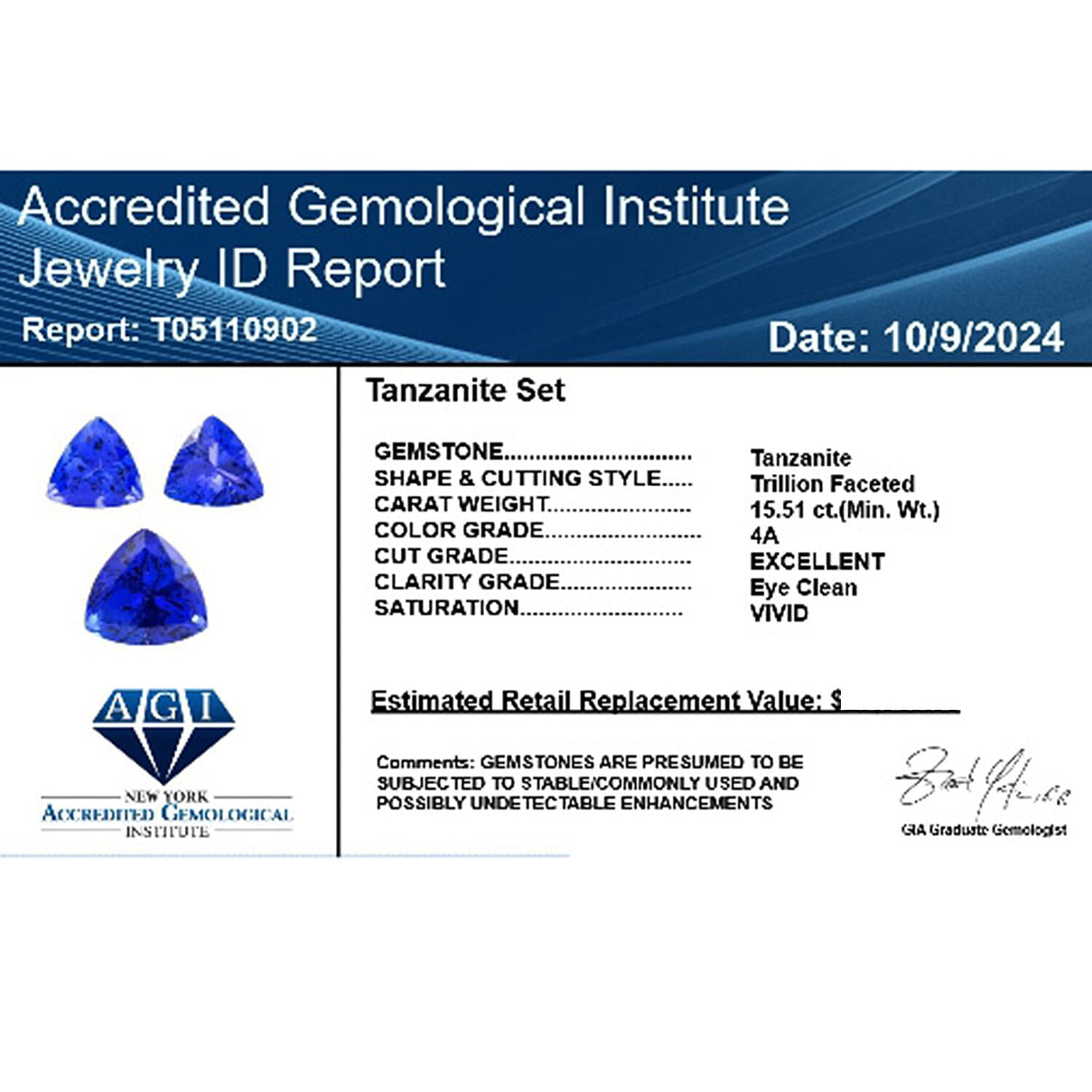 Certified &amp; Appraised 15.51 Ct. Set of 3 AAAA Tanzanite Loose Gemstones in Trillion Shape 7861941 5