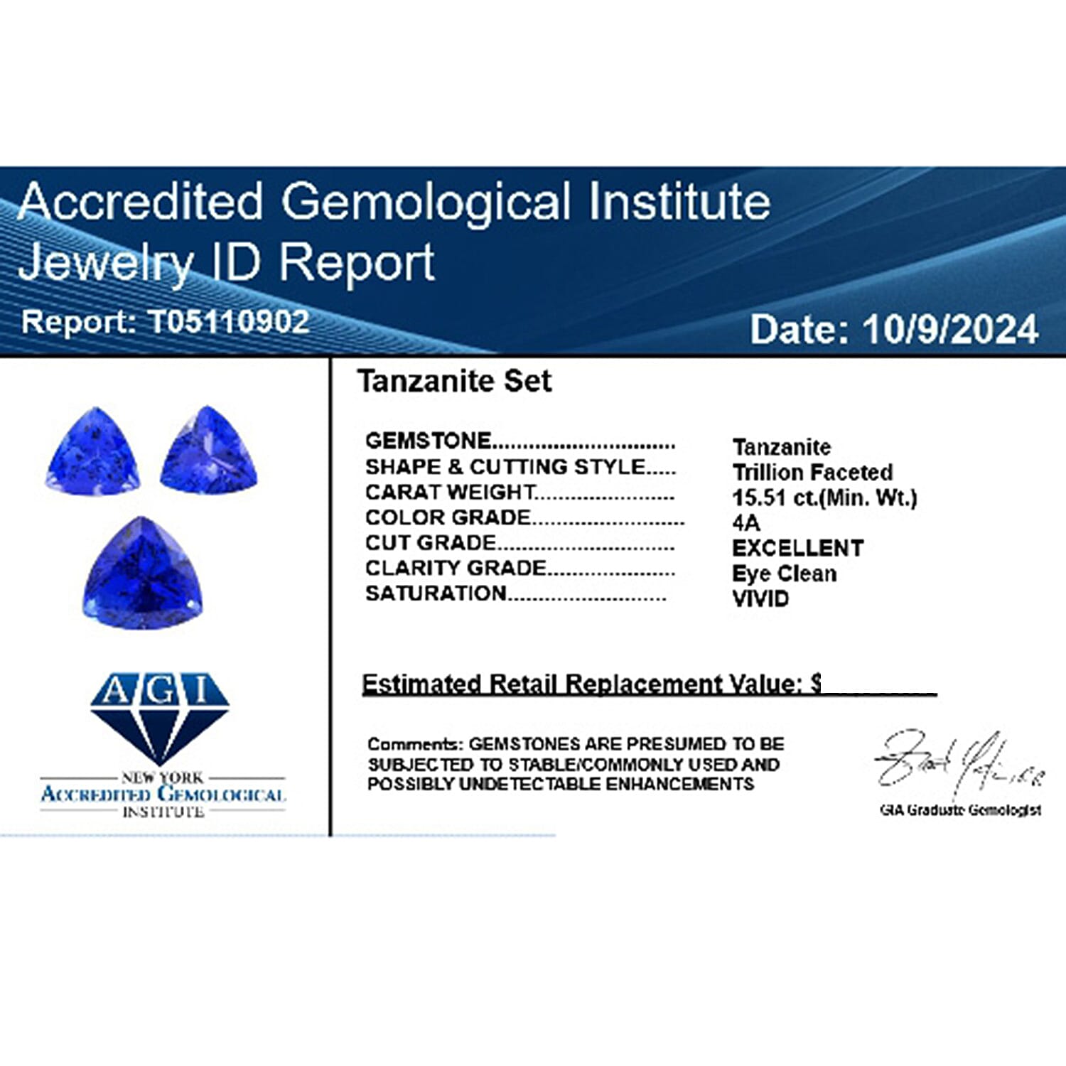 Certified &amp; Appraised 15.51 Ct. Set of 3 AAAA Tanzanite Loose Gemstones in Trillion Shape 7861941 5