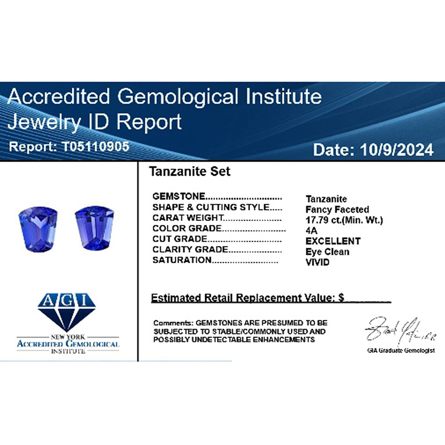 Certified &amp; Appraised 17.79 Ct. Set of 2 AAAA Tanzanite Loose Gemstones (15 x 11.5 MM) 7861938 5