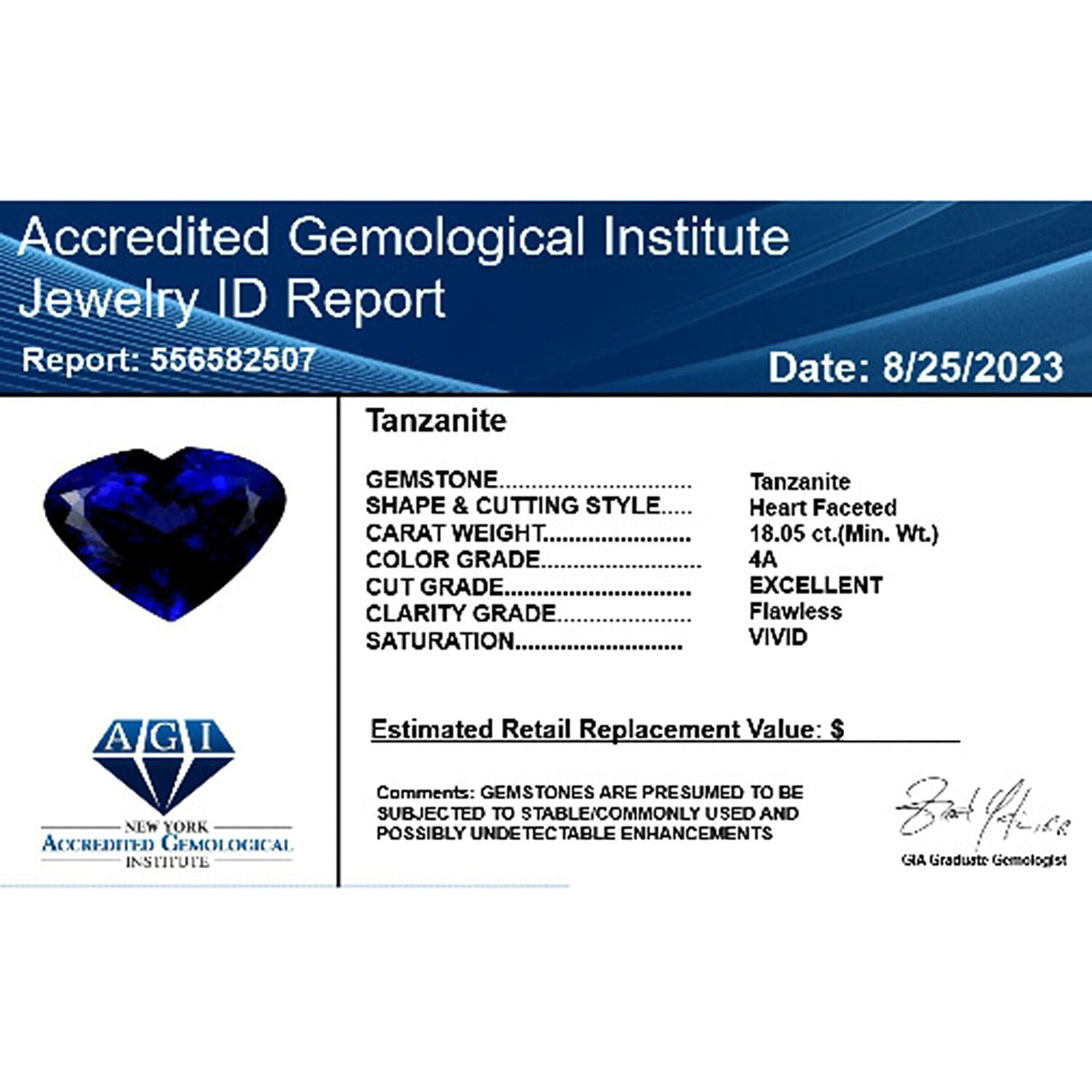 Certified &amp; Appraised 18.05 Ct. AAAA Tanzanite Loose Gemstone in Heart Shape 7993542 0