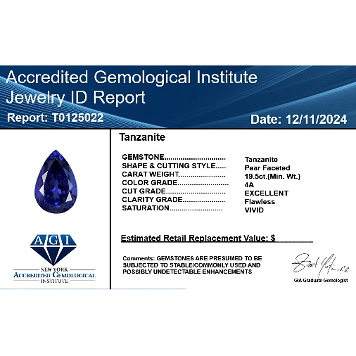 Certified &amp; Appraised 19 Ct. AAAA Tanzanite Loose Gemstone in Pear Shape 7674484 4