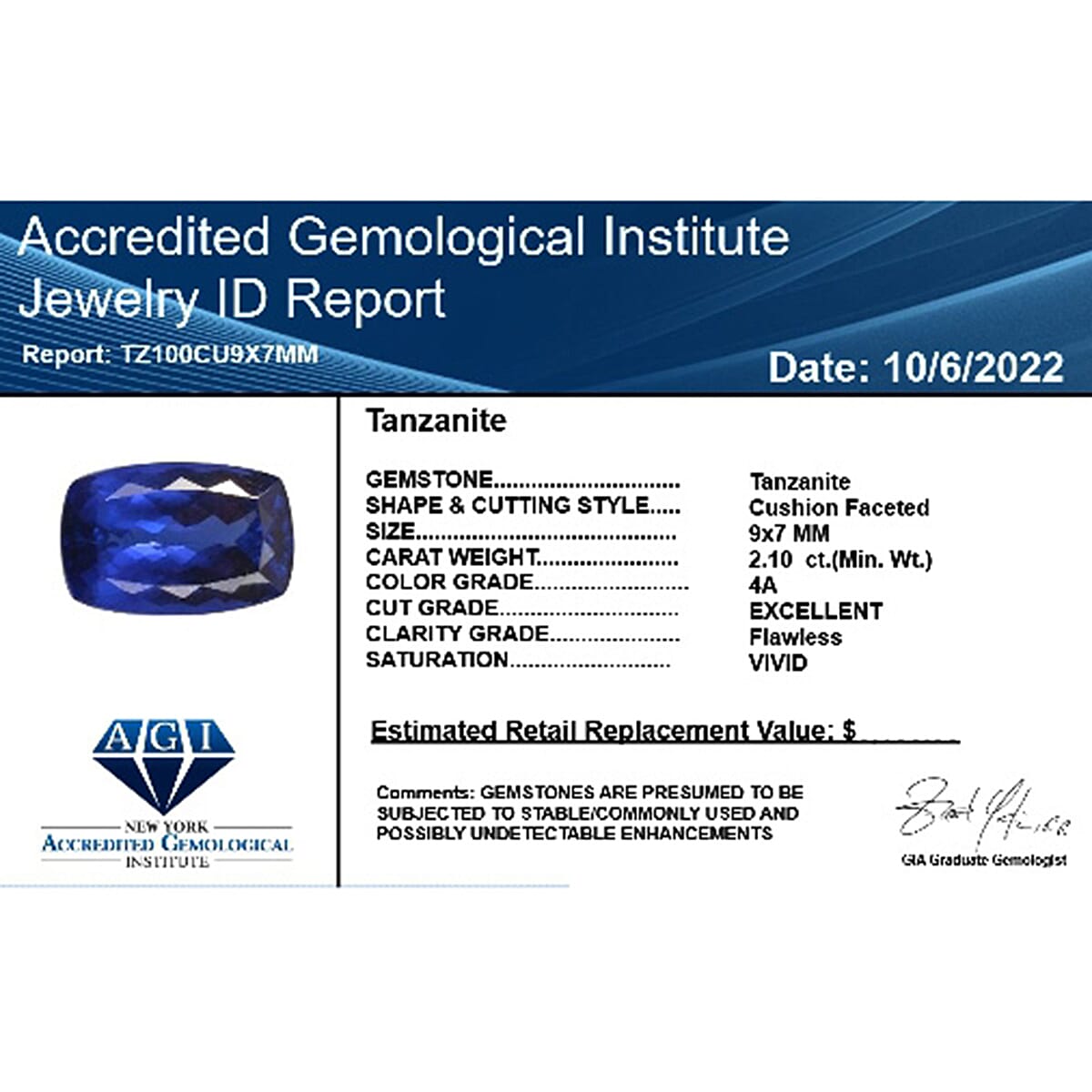 Certified &amp; Appraised 2.1 Ct. AAAA Tanzanite Loose Gemstone in Cushion Shape (9 x 7 MM) 6303582 4