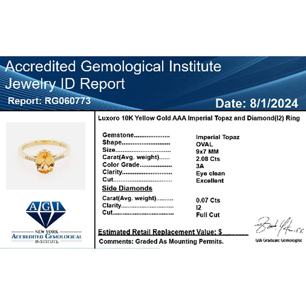 Certified &amp; Appraised LUXORO AAA Imperial Topaz, Diamond Solitaire Ring in 10K Yellow Gold 2.15 Ct. 7840664 4