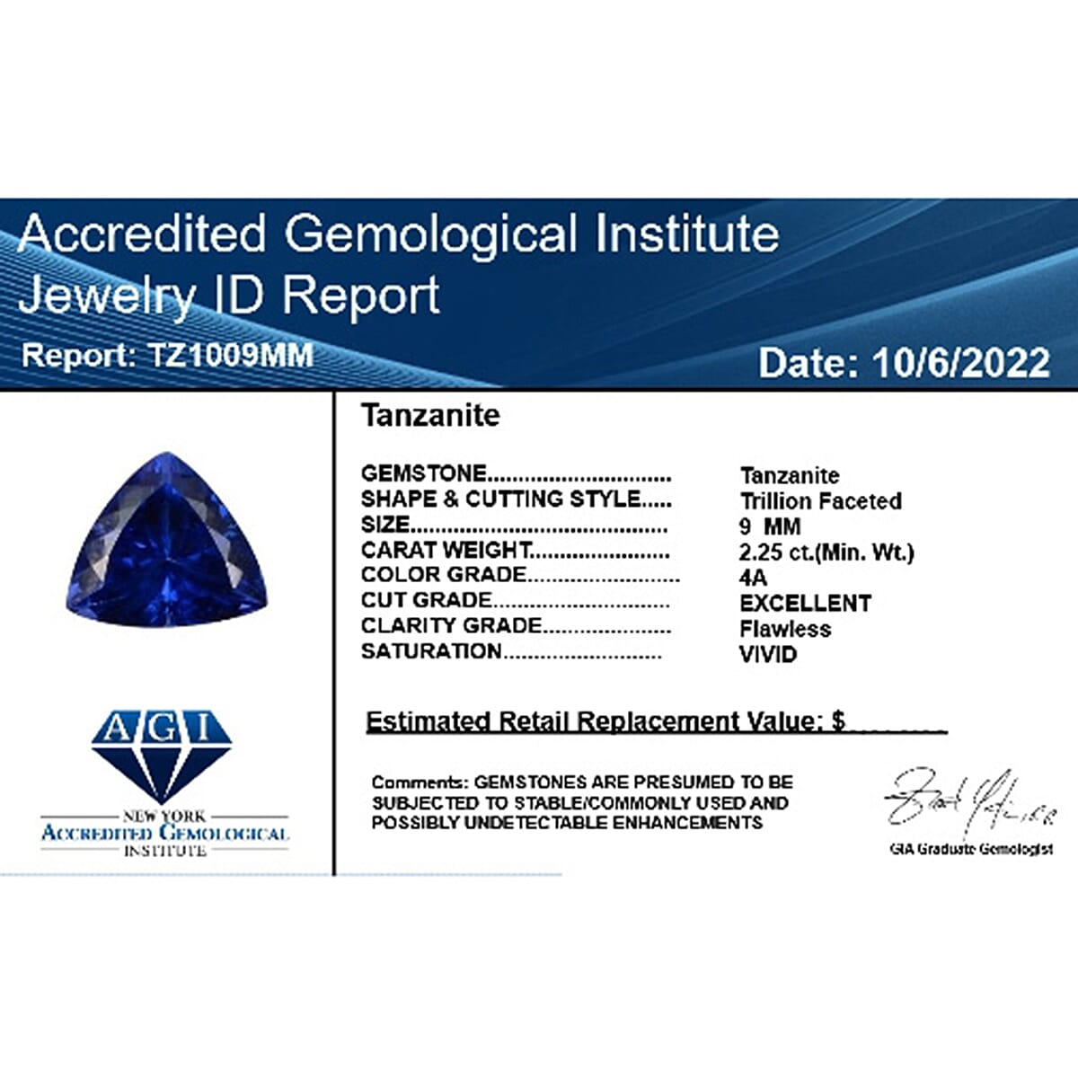 Certified &amp; Appraised 2.25 Ct. AAAA Tanzanite Loose Gemstone in Trillion Shape (9 MM ) 6303586 4