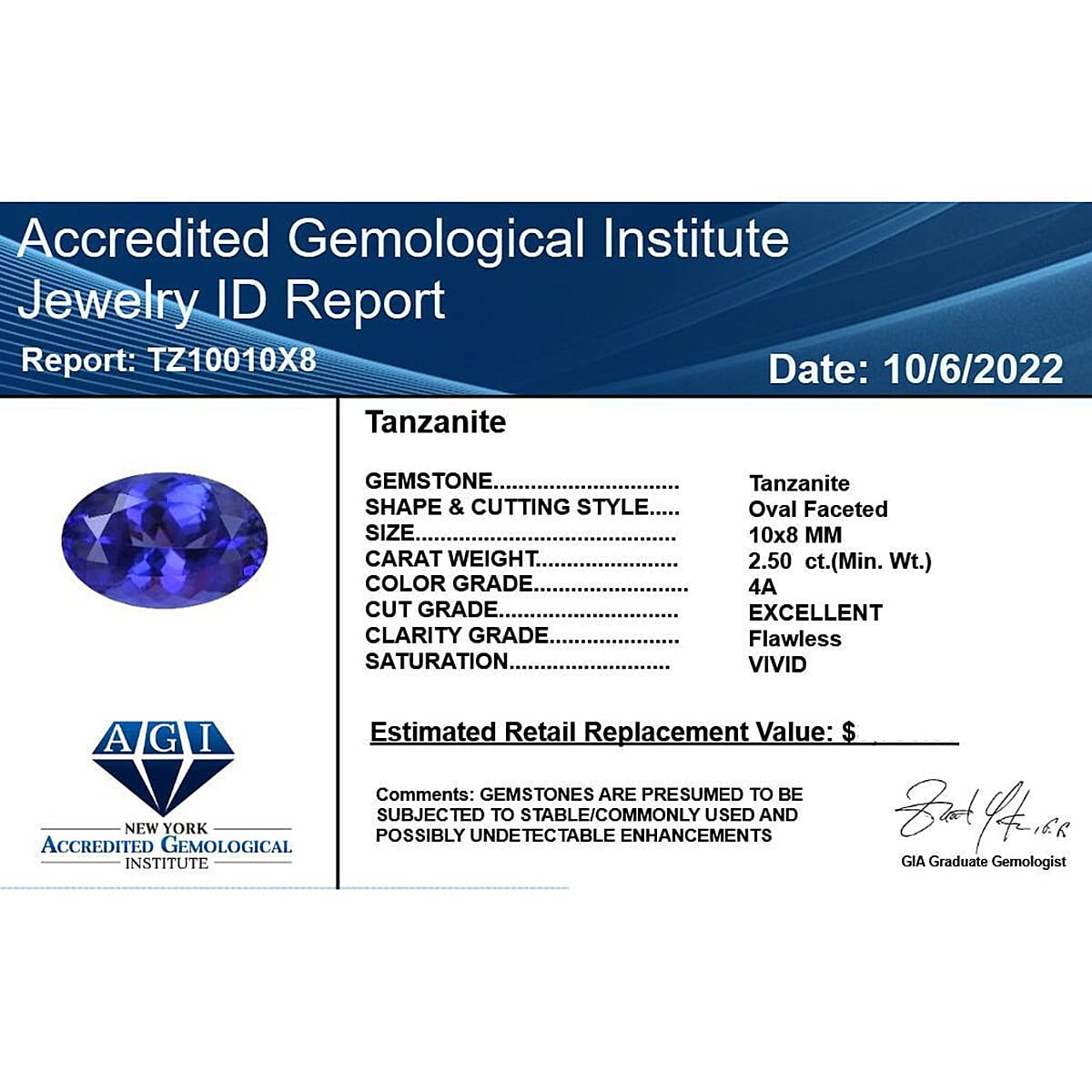 Certified &amp; Appraised 2.5 Ct. Tanzanite Loose Gemstone in Oval Shape (10 x 8 MM) 6303562 4
