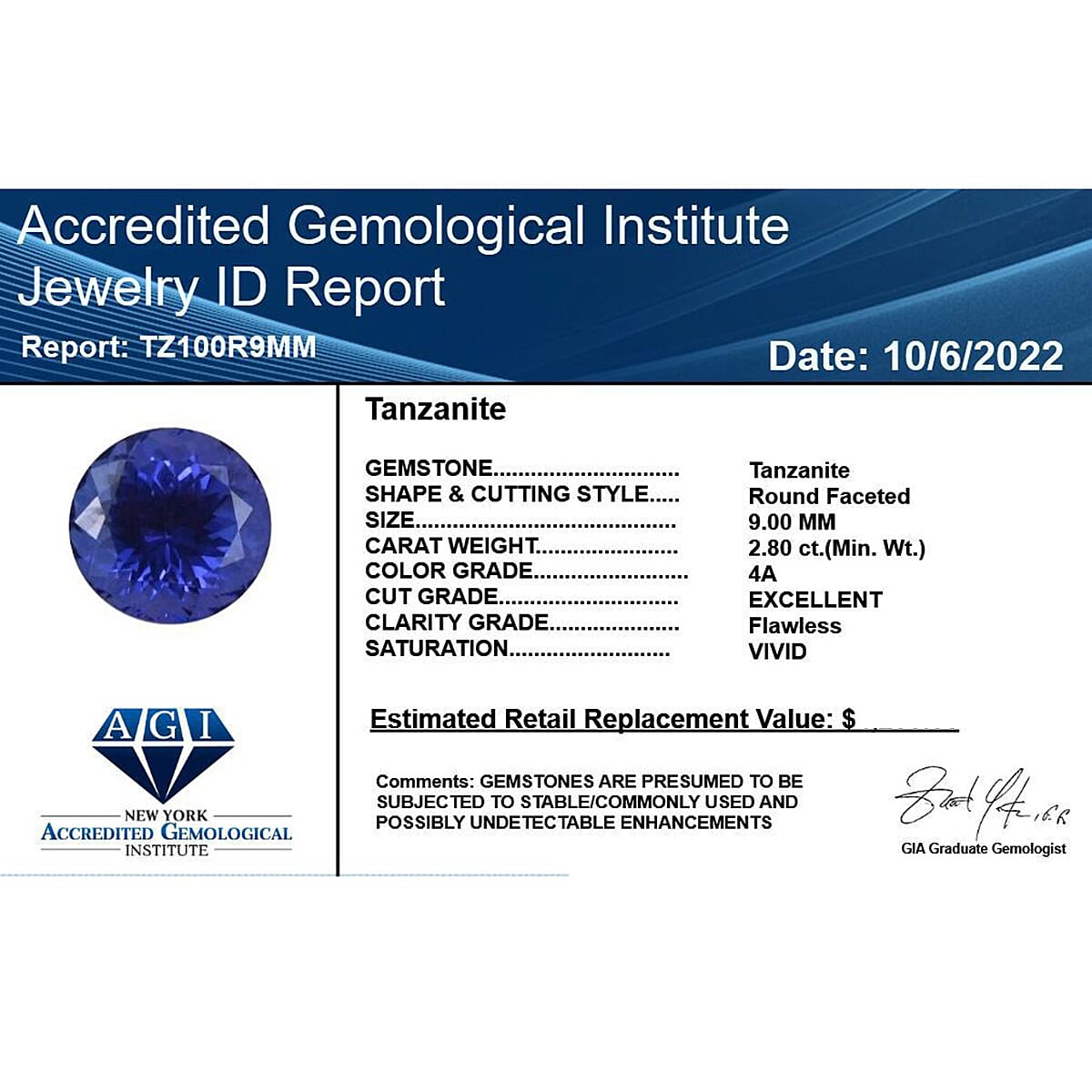 Certified &amp; Appraised 2.8 Ct. AAAA Tanzanite Loose Gemstone in Round Shape (9 MM) 6303574 5