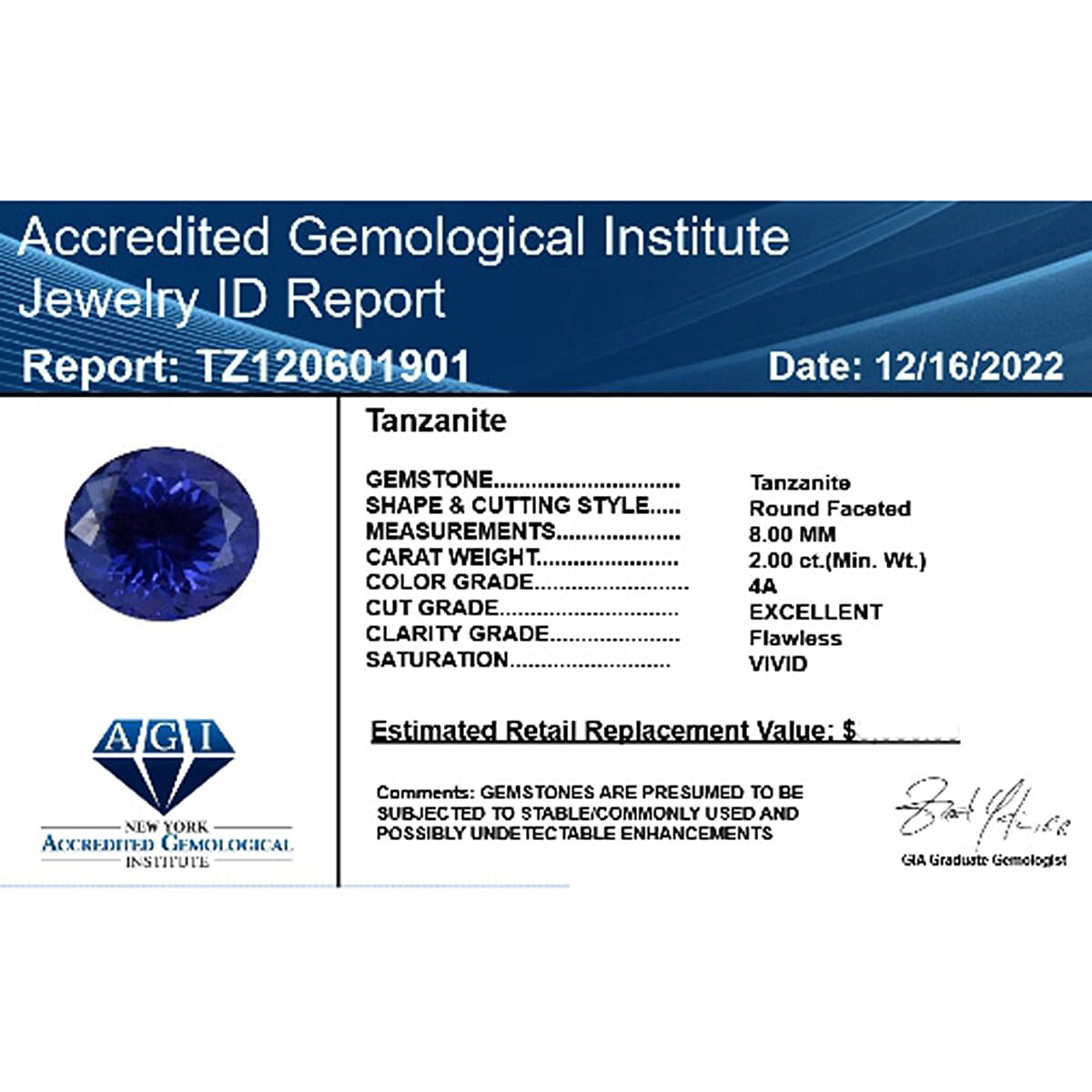 Certified &amp; Appraised 2 Ct. AAAA Tanzanite Loose Gemstone in Round Shape (8 MM) 6303573 4