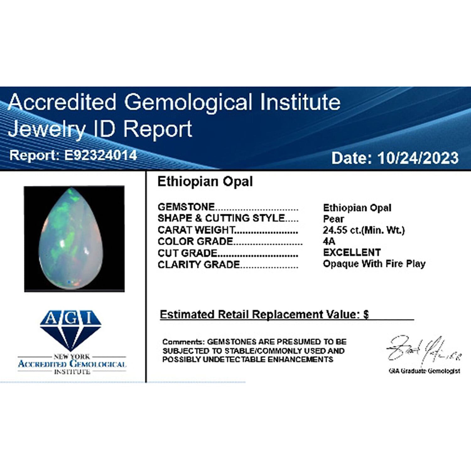 Certified &amp; Appraised 24.23 Ct. AAAA Ethiopian Opal Loose Gemstone in Pear Shape 7890026 3