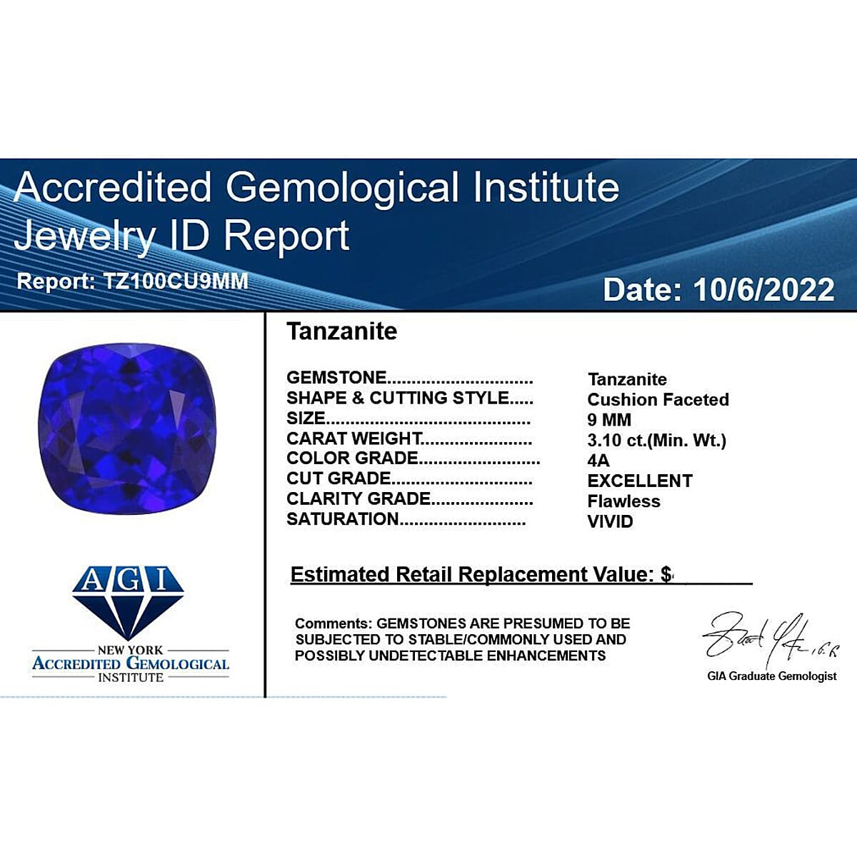 Certified &amp; Appraised 3.1 Ct. AAAA Tanzanite Loose Gemstone in Cushion Shape (Shape 9 x 9 MM) 6303579 1