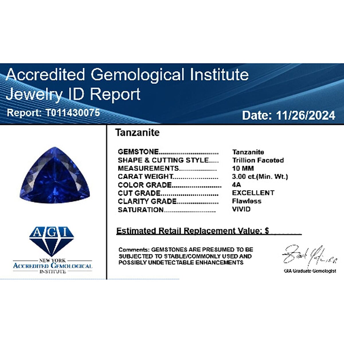 Certified &amp; Appraised 3 Ct. AAAA Tanzanite Loose Gemstone in Trillion Shape (10 MM) 6303587 4