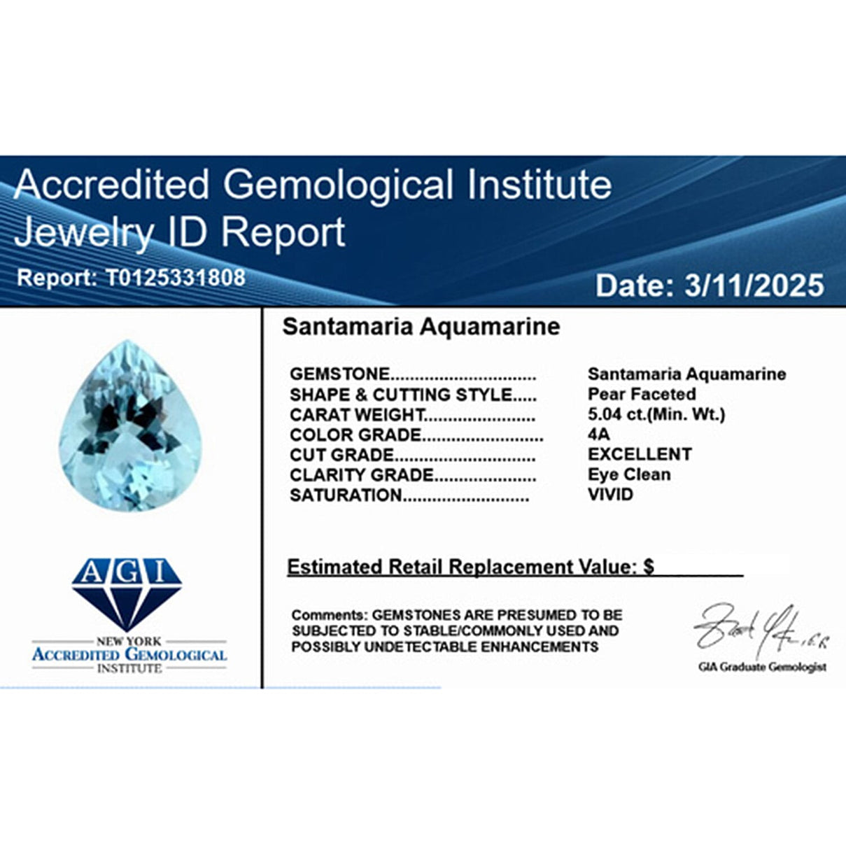 Certified &amp; Appraised 5.04 Ct. AAAA Santa Maria Aquamarine Loose Gemstone in Pear Shape (14 x 10.2MM) 7861945 5