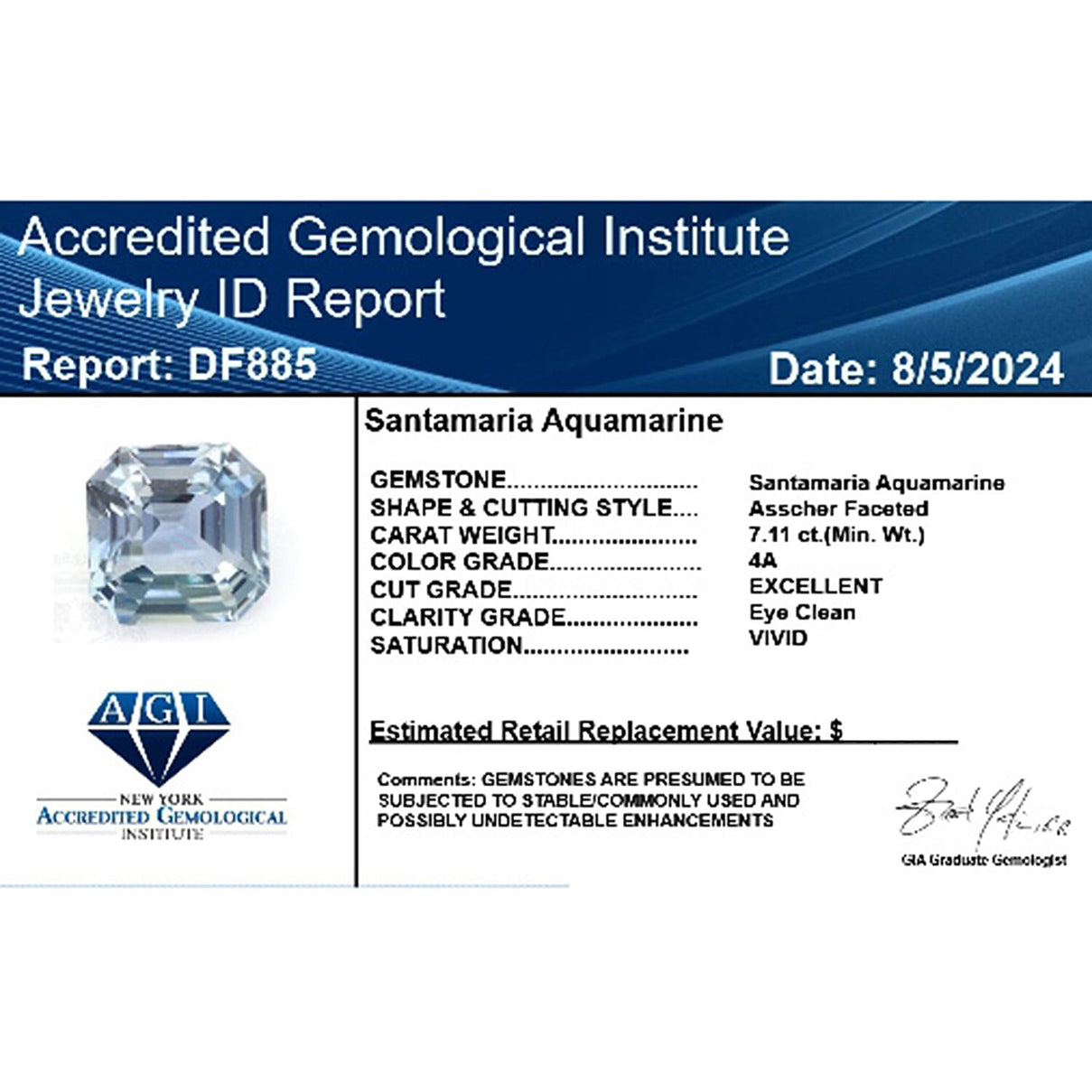 Certified &amp; Appraised 7.11 Ct. Asscher-Cut AAAA Santa Maria Aquamarine Loose Gemstone 7878102 4