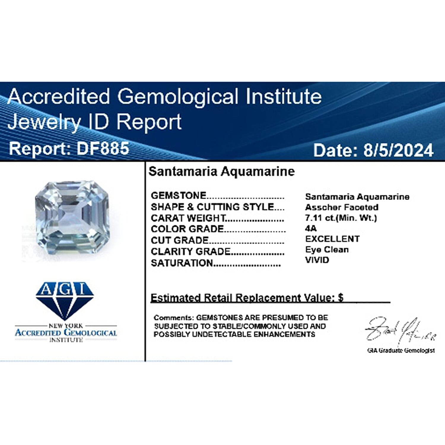Certified &amp; Appraised 7.11 Ct. Asscher-Cut AAAA Santa Maria Aquamarine Loose Gemstone 7878102 4