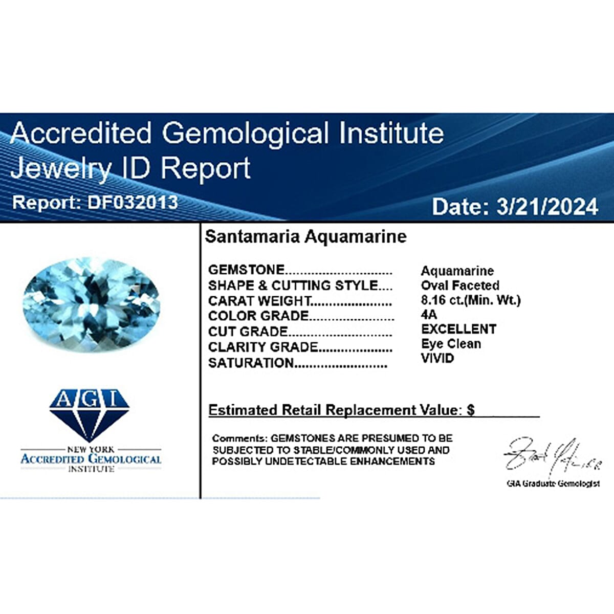 Certified &amp; Appraised 8.16 Ct. AAAA Santa Maria Aquamarine Loose Gemstone in Oval Shape 7755836 3