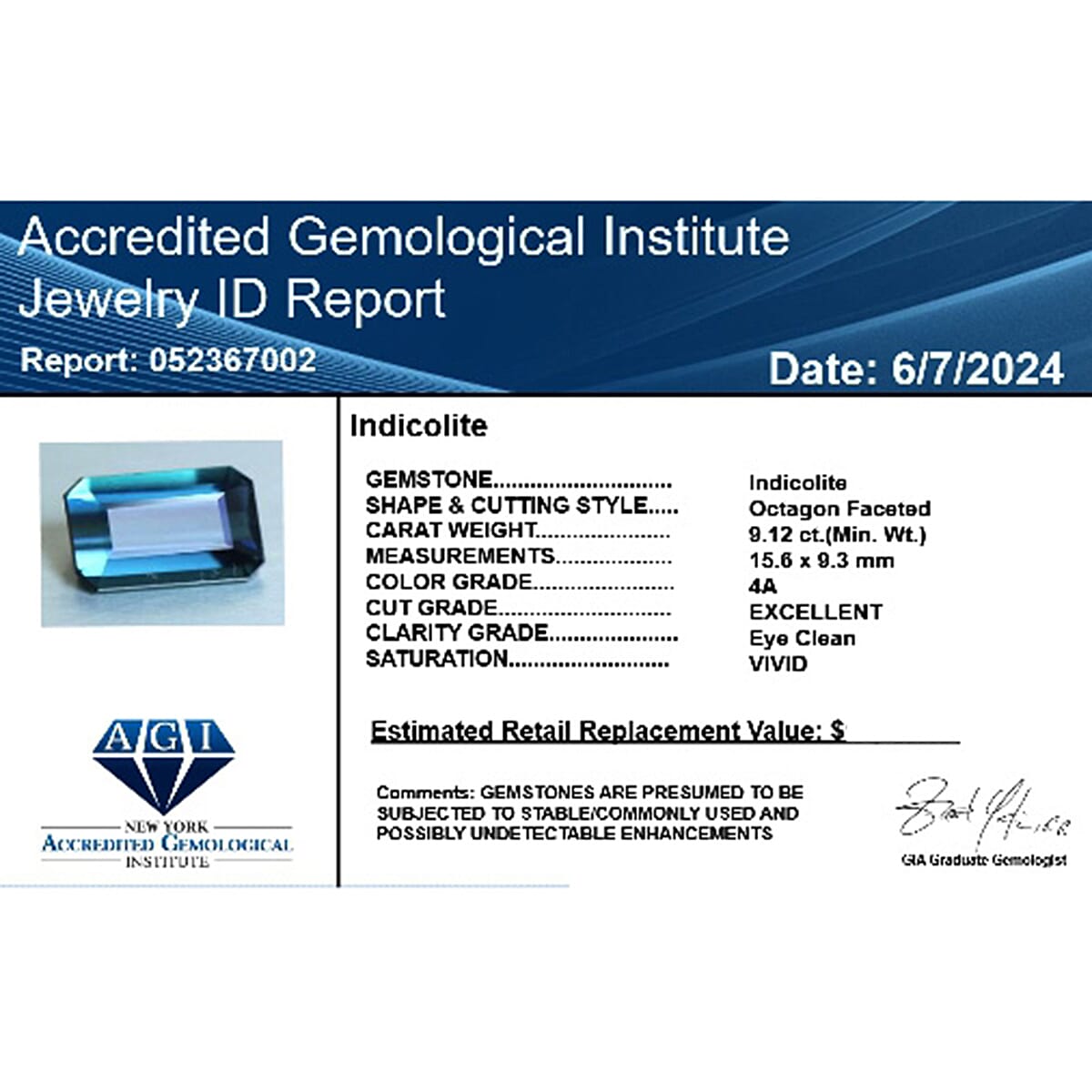 Certified &amp; Appraised 9.12 Ct. AAAA Indicolite in Octagon Shape (15.5MM x 9.3MM) 7810311 4