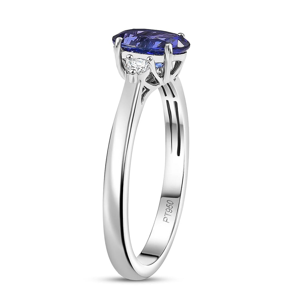 Rhapsody 950 Platinum AGI Certified AAAA Tanzanite & VS-EF White Diamond 3 Stone Ring 1.67 Ct, Platinum Wt. 3.60 Gms