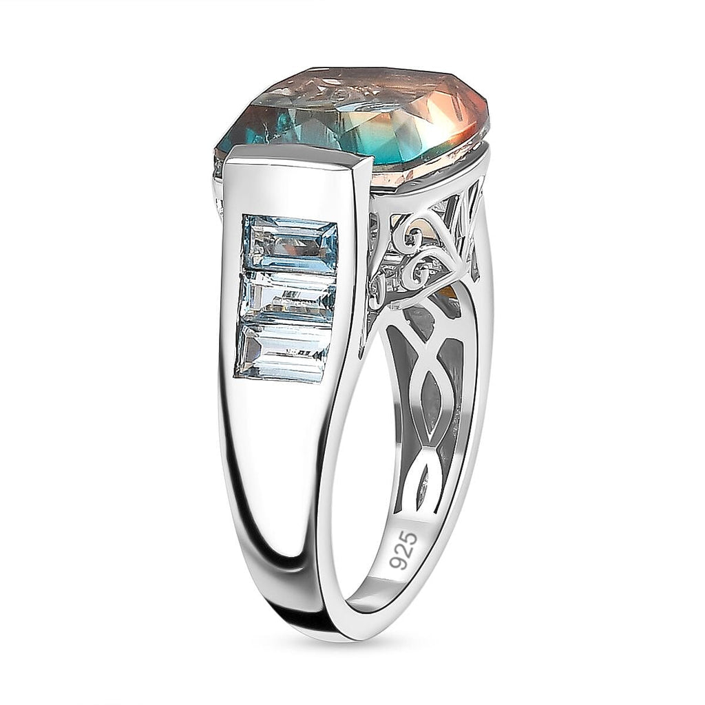 Aqua Terra Costa Quartz, Citrine & Swiss Blue Topaz Ring in Platinum Overlay Sterling Silver 9.00 Ct.