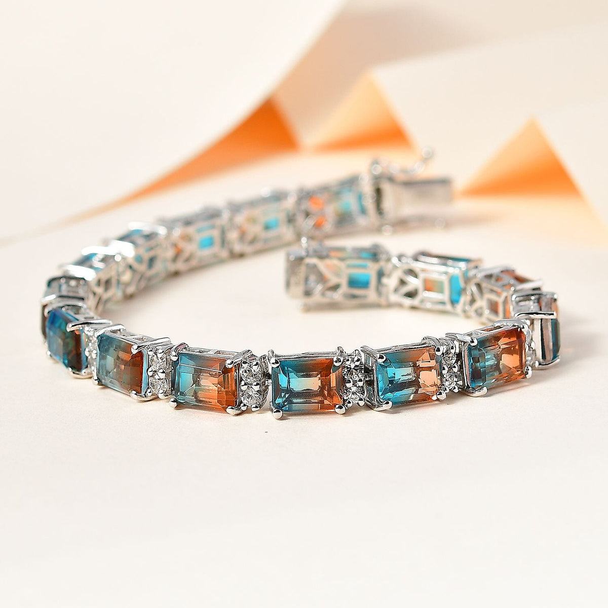 Aqua Terra Costa Quartz &amp; Natural Zircon Tennis Bracelet (Size - 7) in Platinum Overlay Sterling Silver 32.44 Ct, Silver Wt 5.60 GM 7714557 2