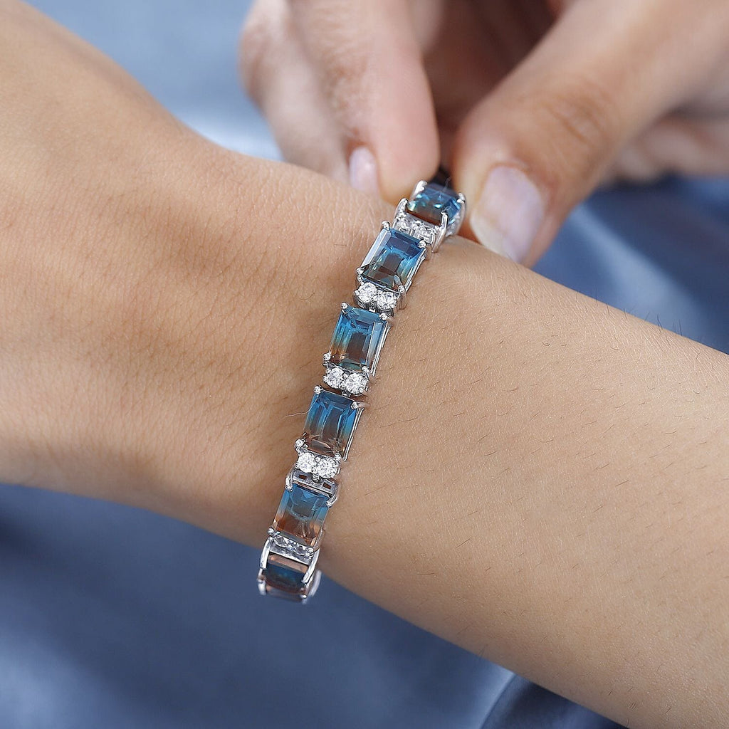 Aqua Terra Costa Quartz & Natural Zircon Tennis Bracelet (Size - 8) in Platinum Overlay Sterling Silver 36.50 Ct, Silver Wt 15.90 GM