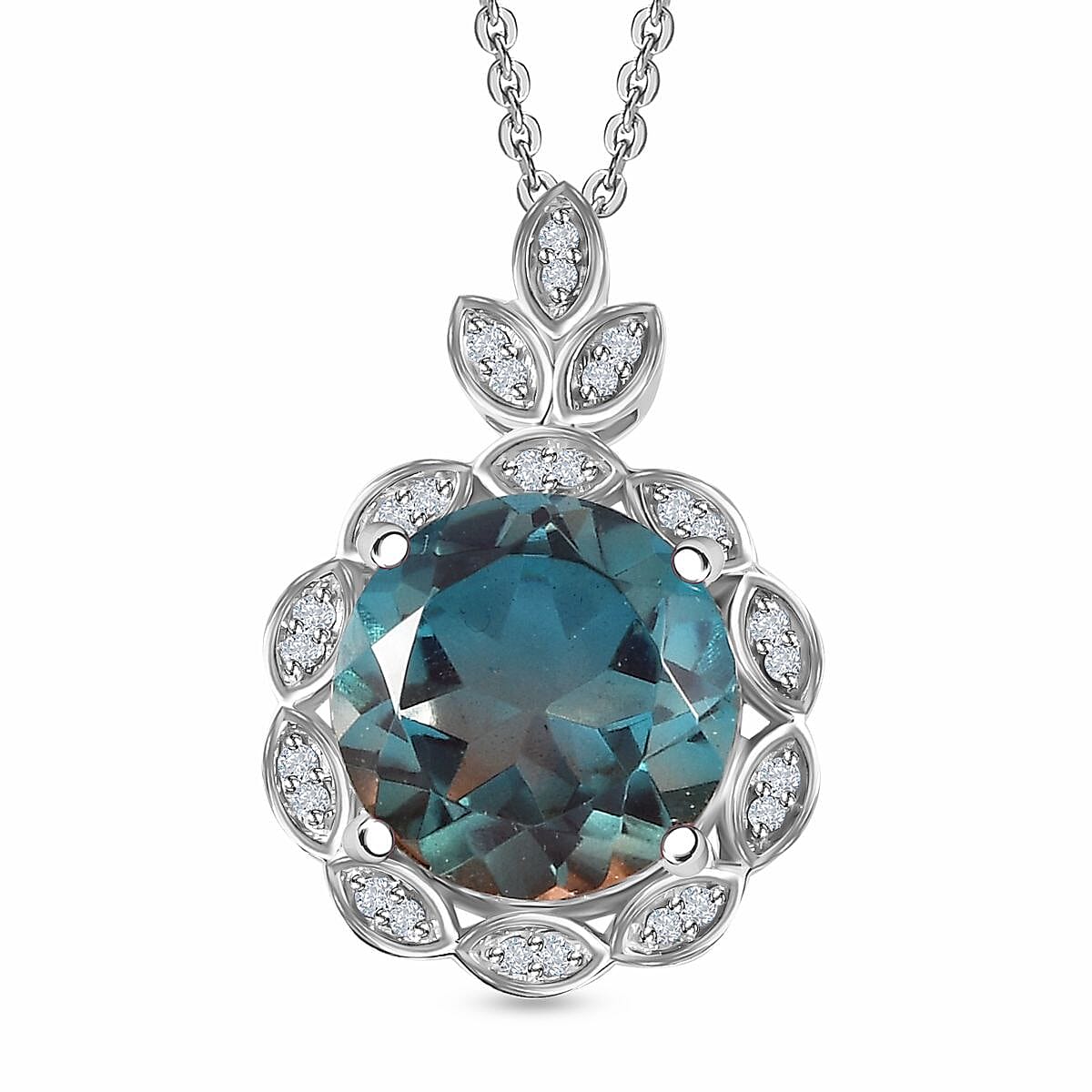Aqua Terra Costa Quartz &amp; Natural Zircon Floral Pendant with Chain (Size 20) in Platinum Overlay Sterling Silver 6.76 Ct, Silver Wt 5.15 Gms. 4252392 0
