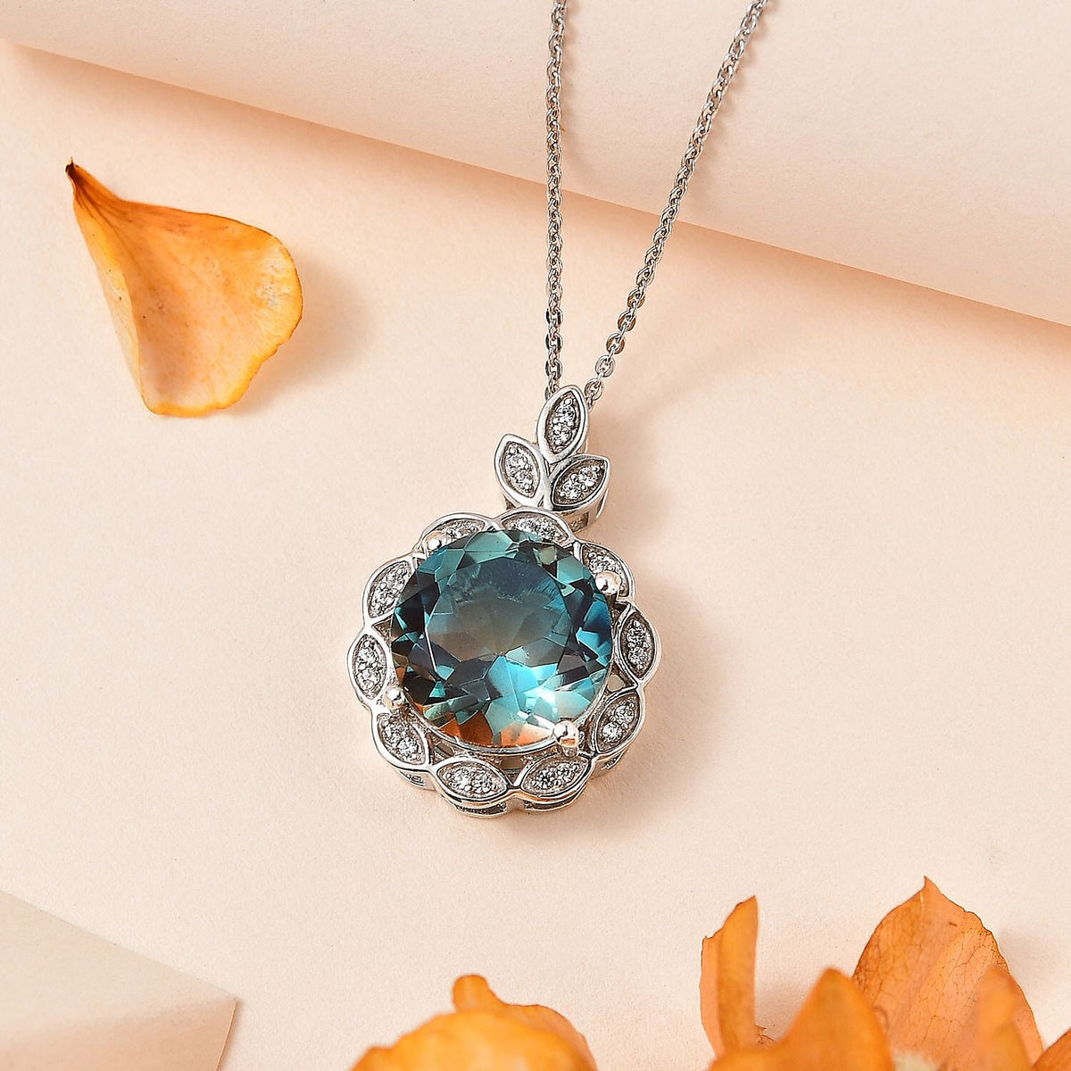 Aqua Terra Costa Quartz &amp; Natural Zircon Floral Pendant with Chain (Size 20) in Platinum Overlay Sterling Silver 6.76 Ct, Silver Wt 5.15 Gms. 4252392 2