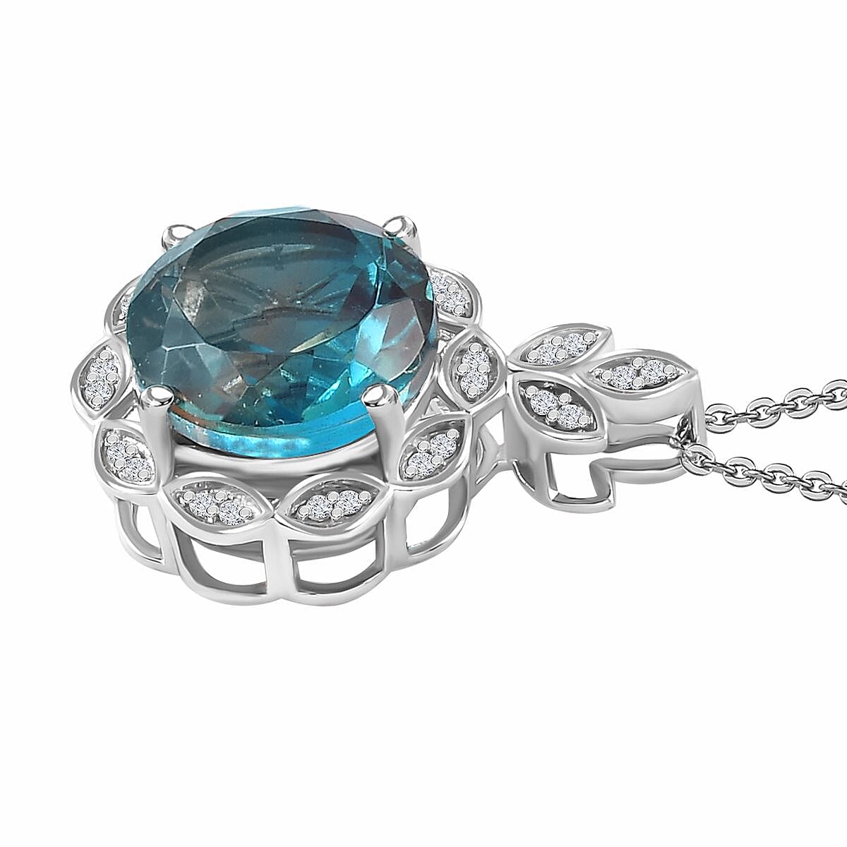 Aqua Terra Costa Quartz &amp; Natural Zircon Floral Pendant with Chain (Size 20) in Platinum Overlay Sterling Silver 6.76 Ct, Silver Wt 5.15 Gms. 4252392 3