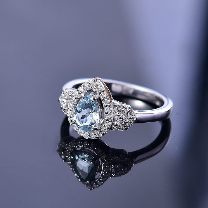D'Joy Aquamarine Pear Cut &amp; Moissanite Ring in Rhodium Overlay Sterling Silver 0.93 Ct. 8066563 2