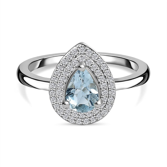 Aquamarine (Pear) &amp; Moissanite Halo Ring in Platinum Overlay Sterling Silver 7721714 1