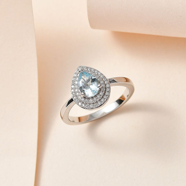 Aquamarine (Pear) &amp; Moissanite Halo Ring in Platinum Overlay Sterling Silver 7721714 2