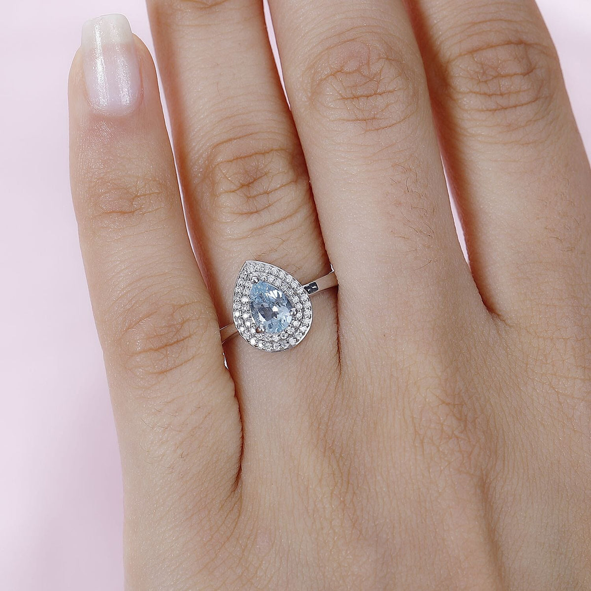 Aquamarine (Pear) &amp; Moissanite Halo Ring in Platinum Overlay Sterling Silver 7721714 2