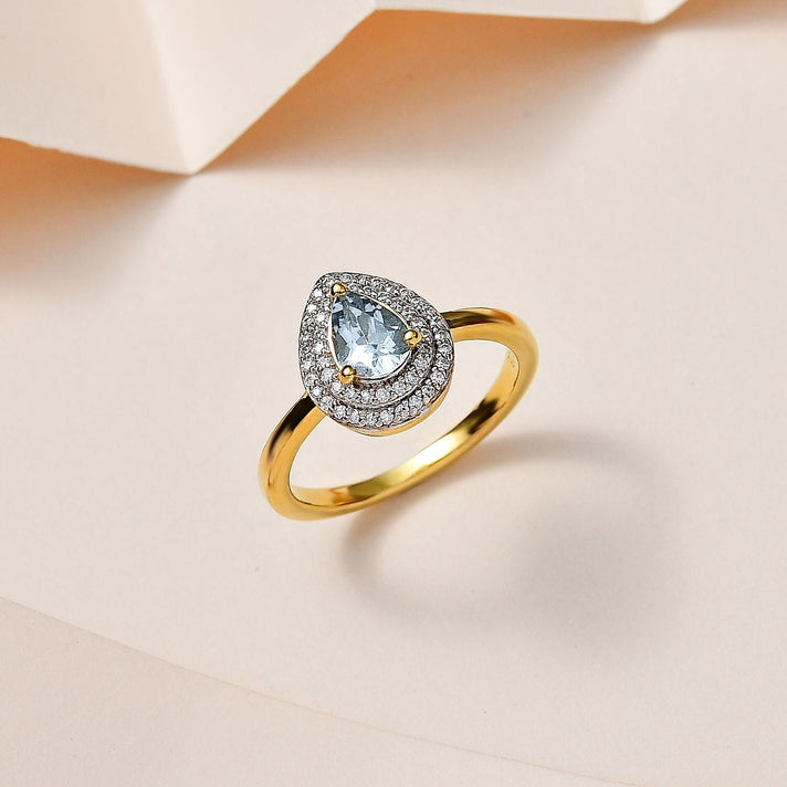 Aquamarine (Pear) &amp; Moissanite Halo Ring in 18K Vermeil YG Plated Sterling Silver 7721724 2