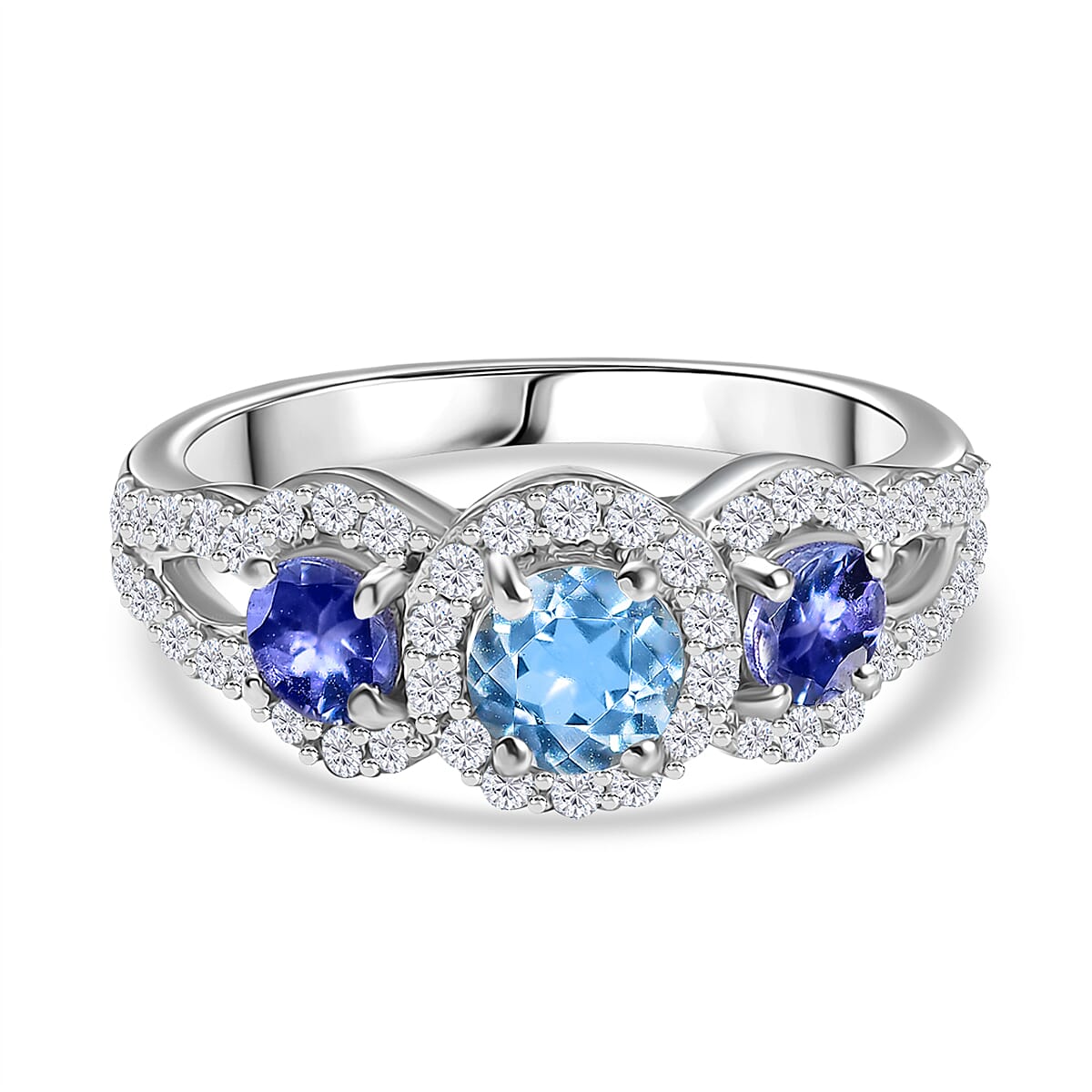 Aquamarine, Moissanite &amp; Tanzanite Ring in Rhodium Overlay Sterling Silver 1.57 Ct. 8066726 0