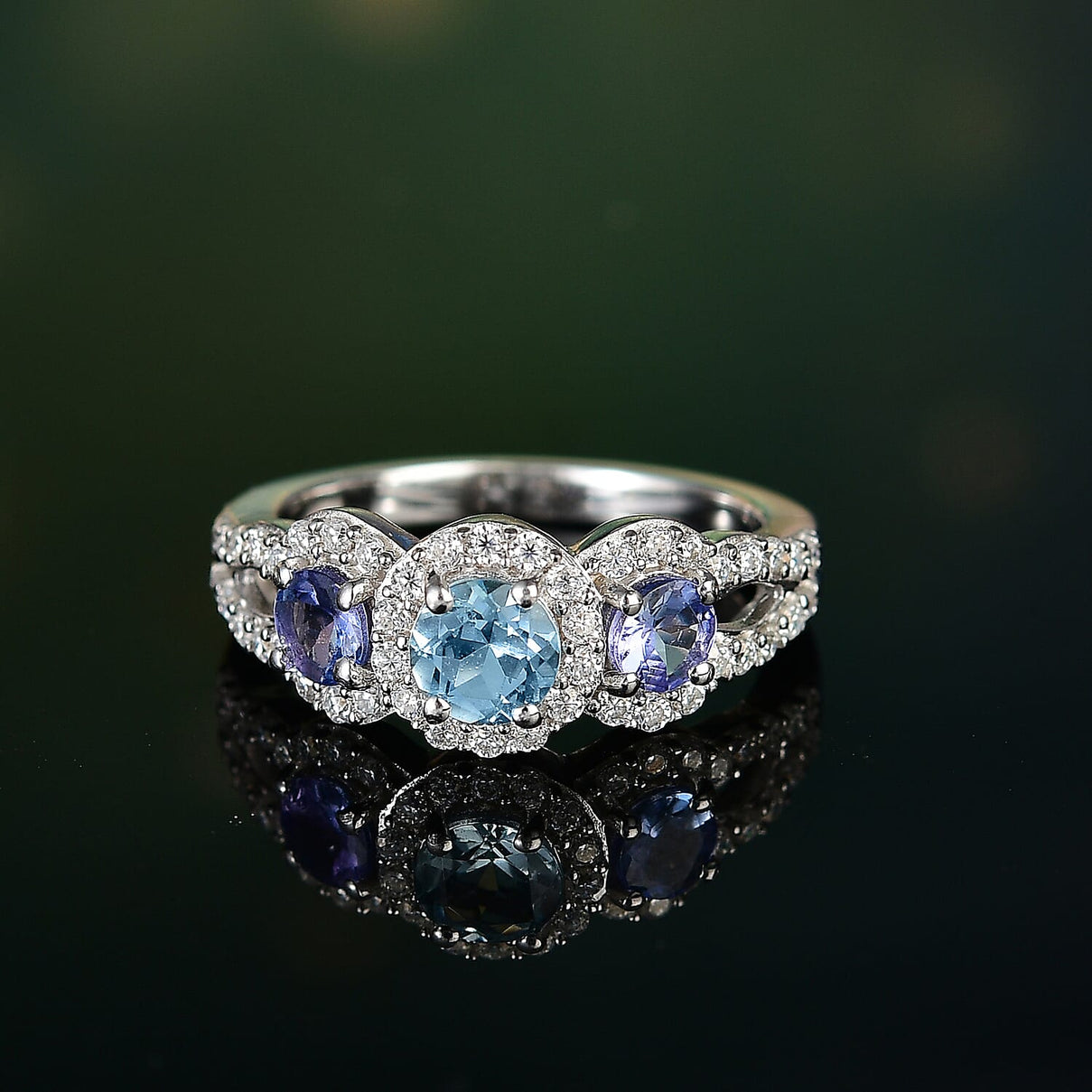 Aquamarine, Moissanite &amp; Tanzanite Ring in Rhodium Overlay Sterling Silver 1.57 Ct. 8066726 2