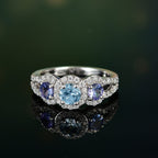 Aquamarine, Moissanite & Tanzanite Ring in Rhodium Overlay Sterling Silver 1.57 Ct.