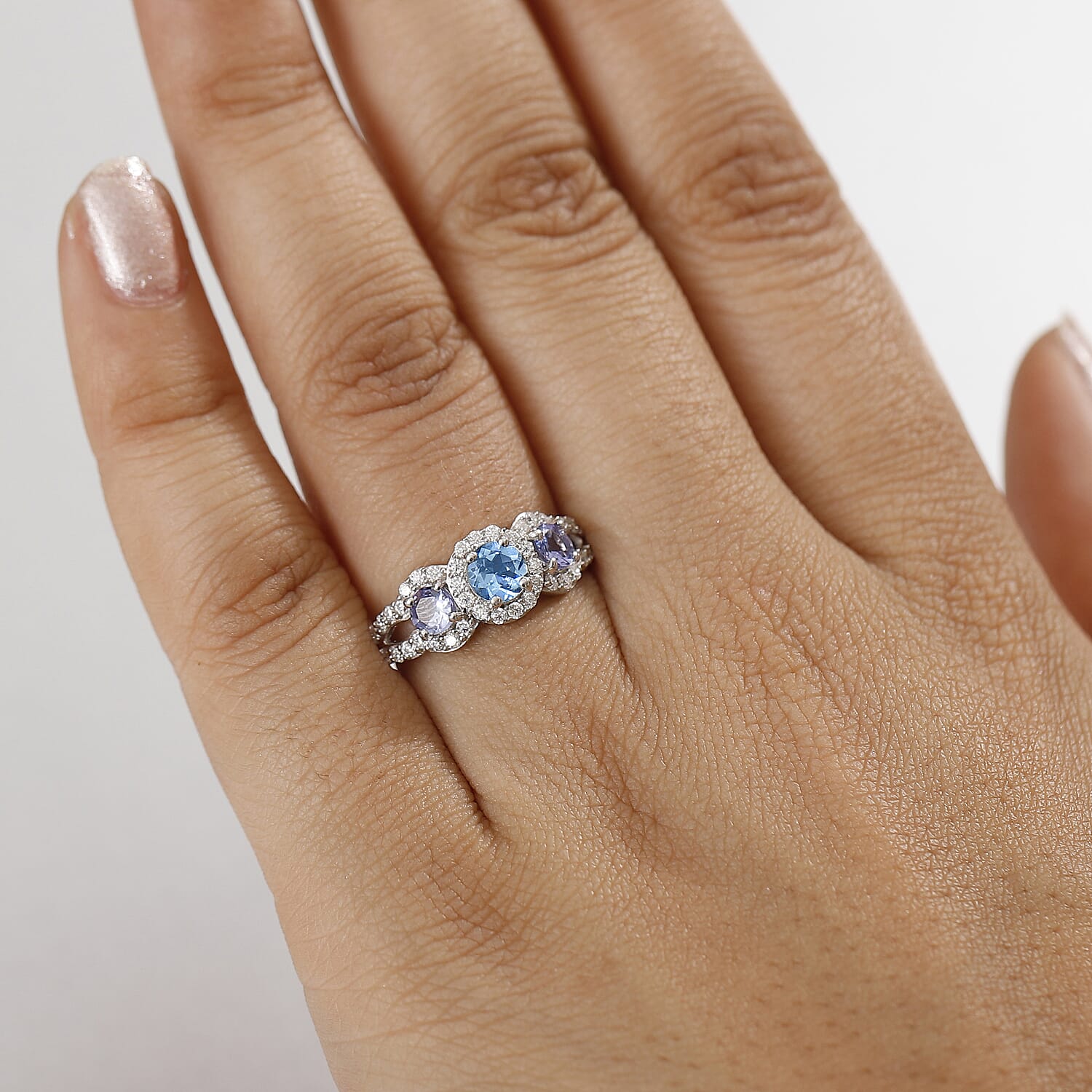 Aquamarine, Moissanite &amp; Tanzanite Ring in Rhodium Overlay Sterling Silver 1.57 Ct. 8066726 3