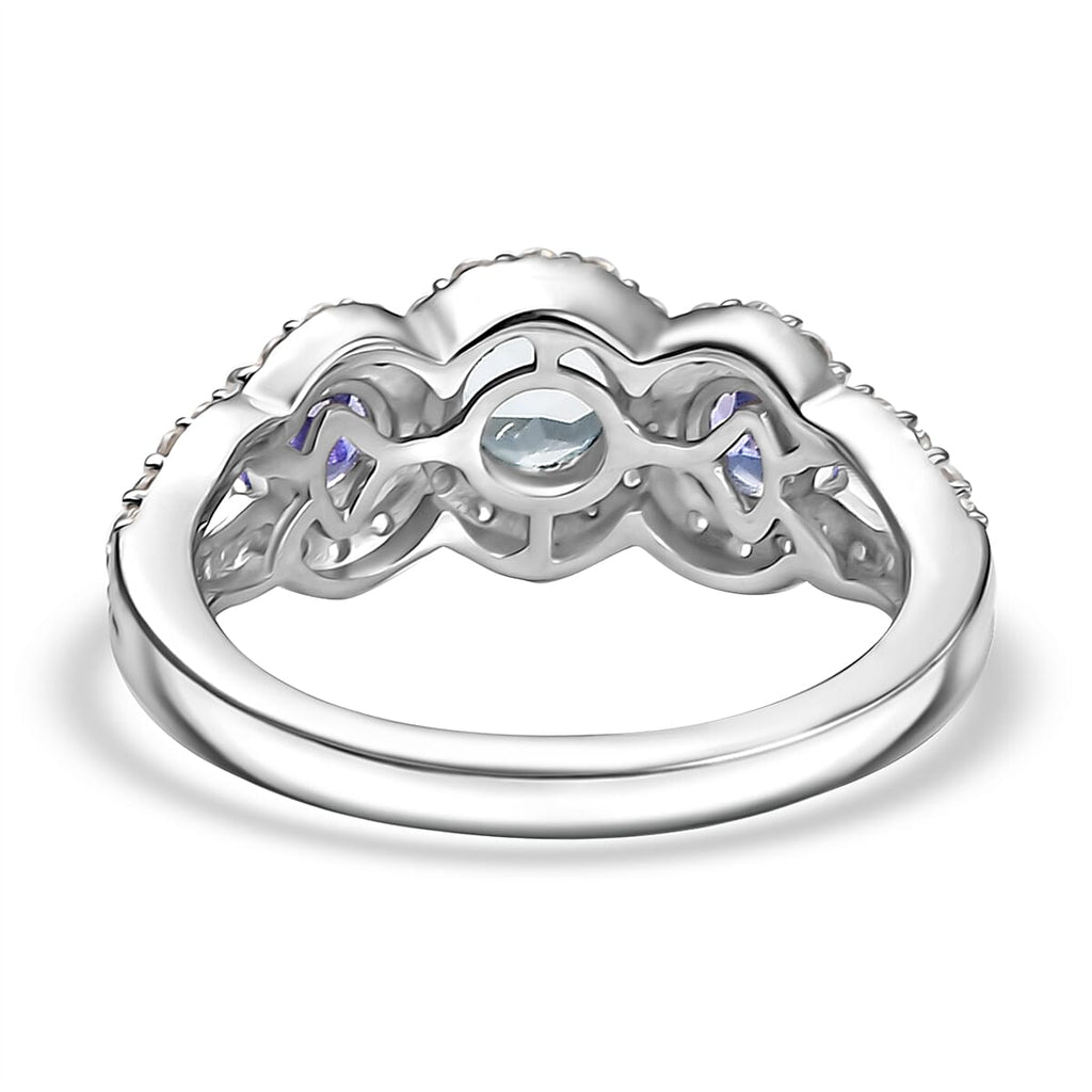 Aquamarine, Moissanite & Tanzanite Ring in Rhodium Overlay Sterling Silver 1.57 Ct.