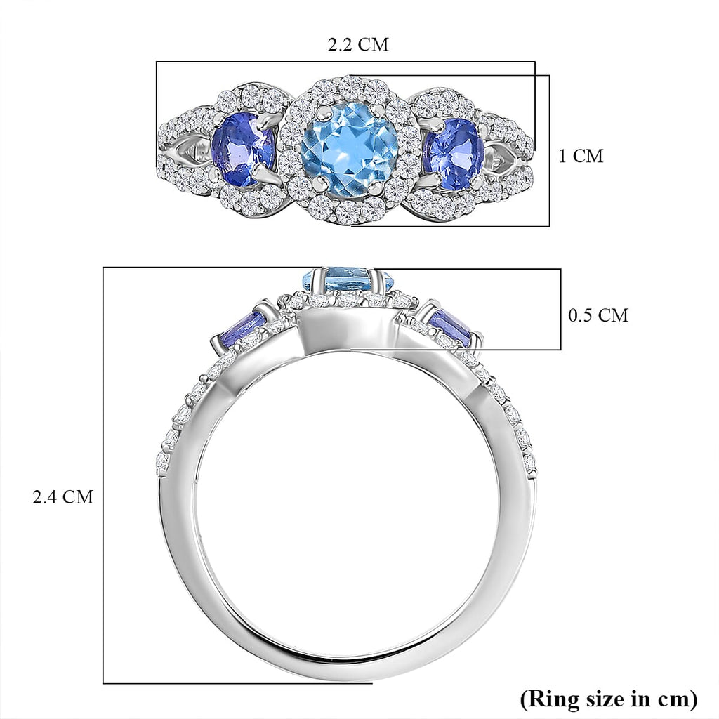 Aquamarine, Moissanite & Tanzanite Ring in Rhodium Overlay Sterling Silver 1.57 Ct.