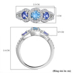Aquamarine, Moissanite & Tanzanite Ring in Rhodium Overlay Sterling Silver 1.57 Ct.
