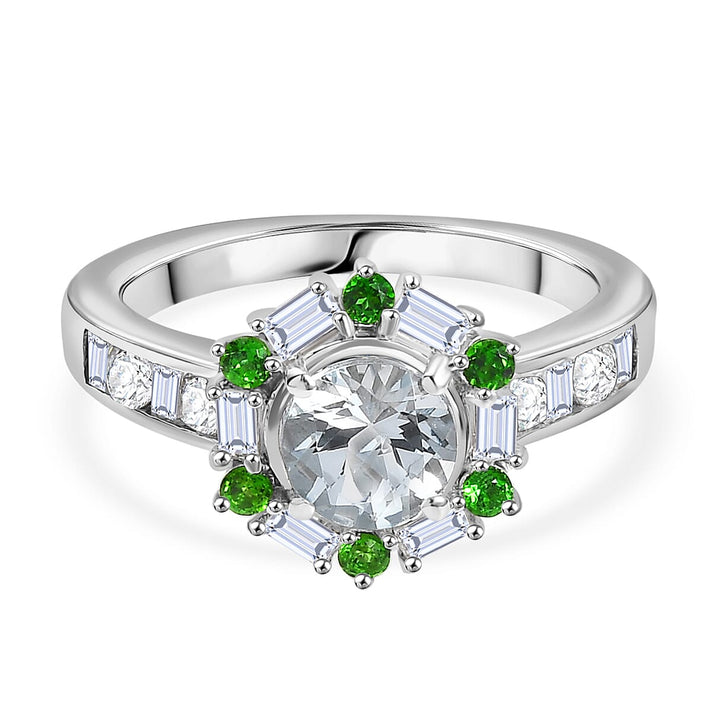 Aquamarine, Natural Chrome Diopside and Moissanite Halo Ring in Rhodium Overlay Sterling Silver 1.59 Ct. 8066671 1