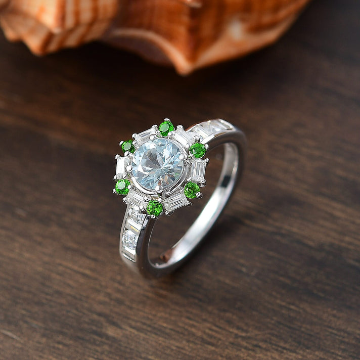 Aquamarine, Natural Chrome Diopside and Moissanite Halo Ring in Rhodium Overlay Sterling Silver 1.59 Ct. 8066671 2