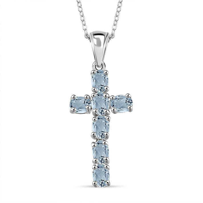 D'Joy - Aquamarine Cross Pendant with Chain (Size 20) in Platinum Overlay Sterling Silver 4267159 1