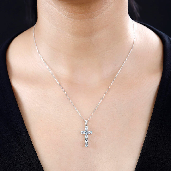 D'Joy - Aquamarine Cross Pendant with Chain (Size 20) in Platinum Overlay Sterling Silver 4267159 2