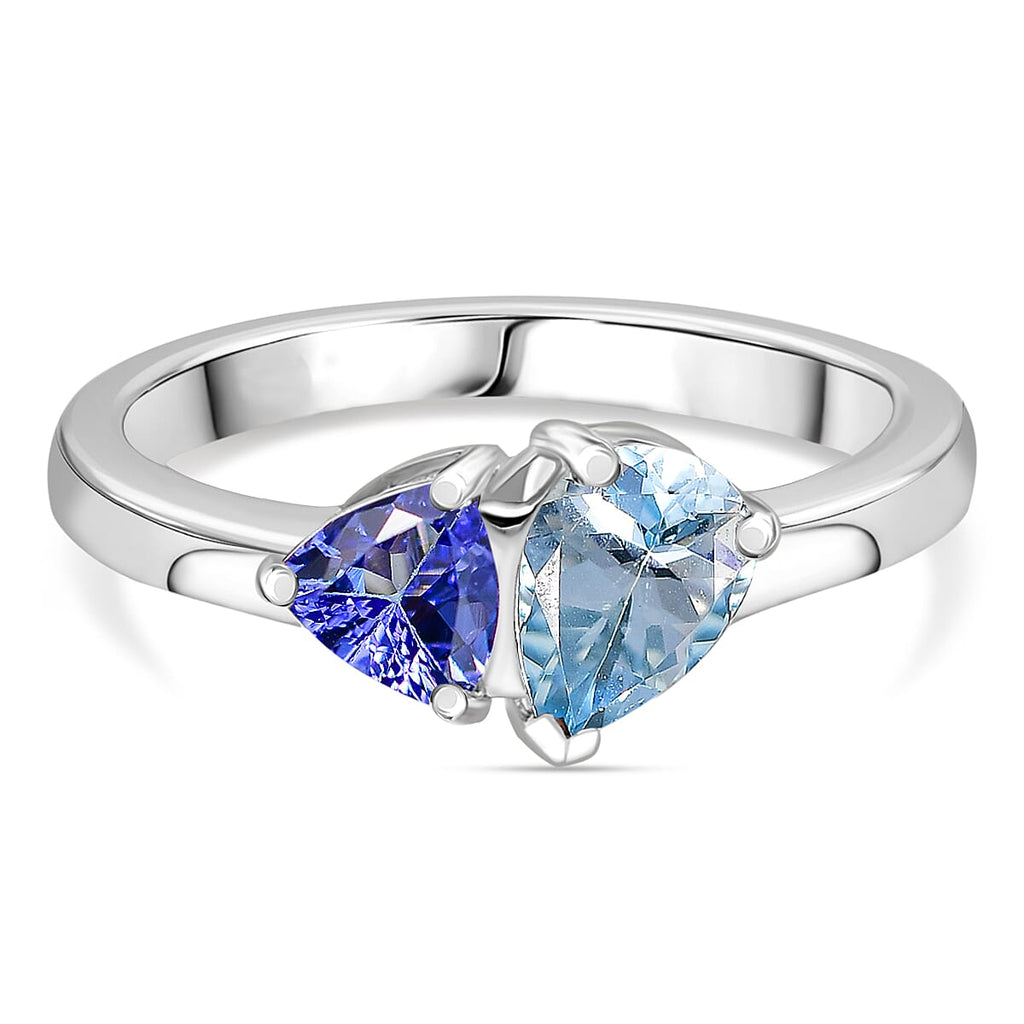 Aquamarine & Tanzanite Solitaire Ring in Rhodium Overlay Sterling Silver 1.09 Ct.