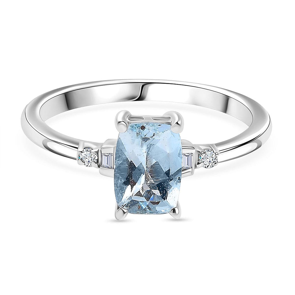 Aquamarine & White Diamond Solitaire Ring in Rhodium Overlay Sterling Silver 0.84 Ct.