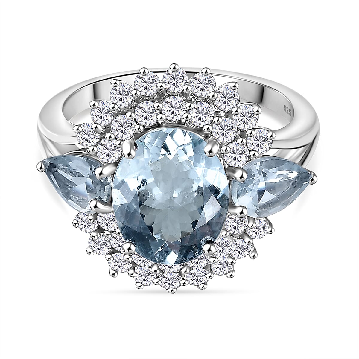 Aquamarine &amp; White Zircon Cluster Ring in Rhodium Overlay Sterling Silver 3.99 Ct.. 8054454 0