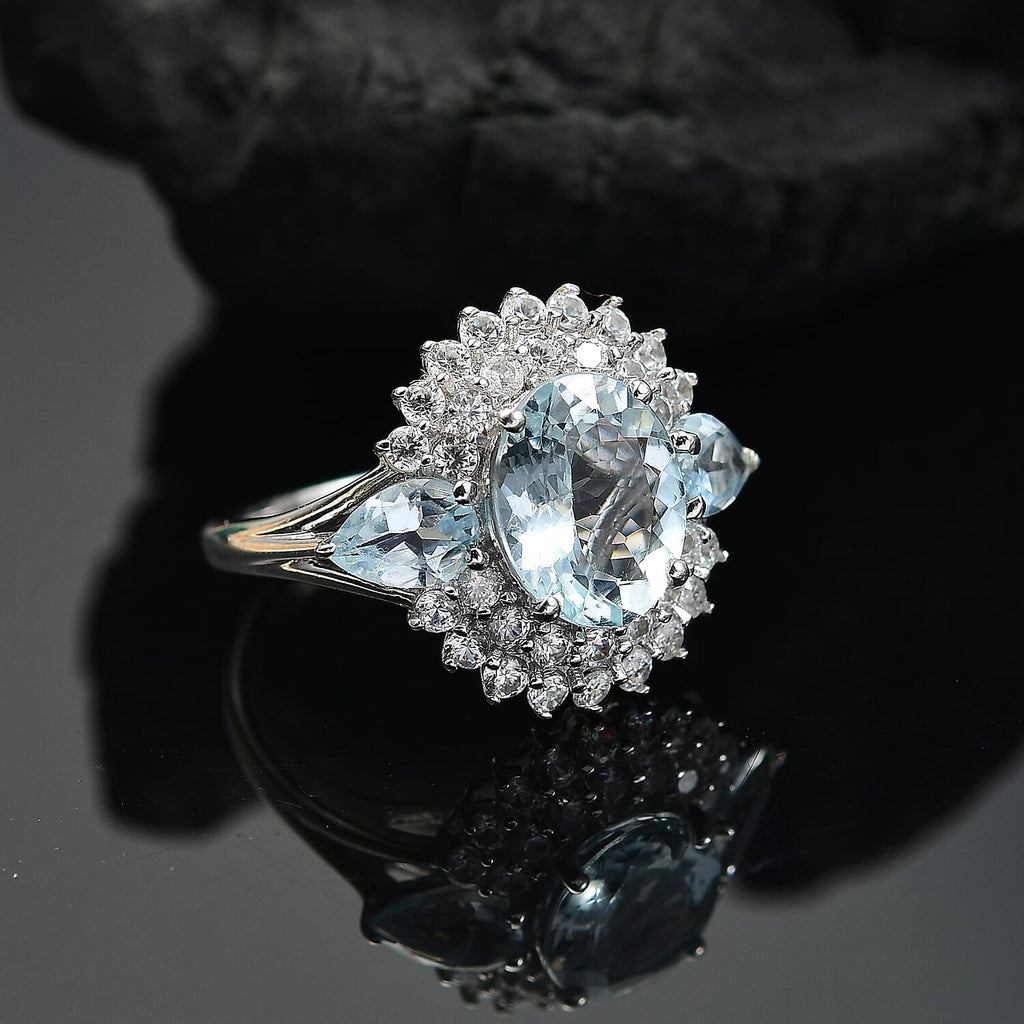 Aquamarine & White Zircon Cluster Ring in Rhodium Overlay Sterling Silver 3.99 Ct.